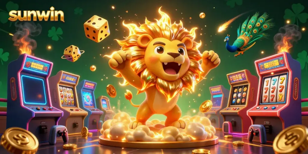 Engage with the Sunwin experience featuring vivid casino game elements and a roaring lion.