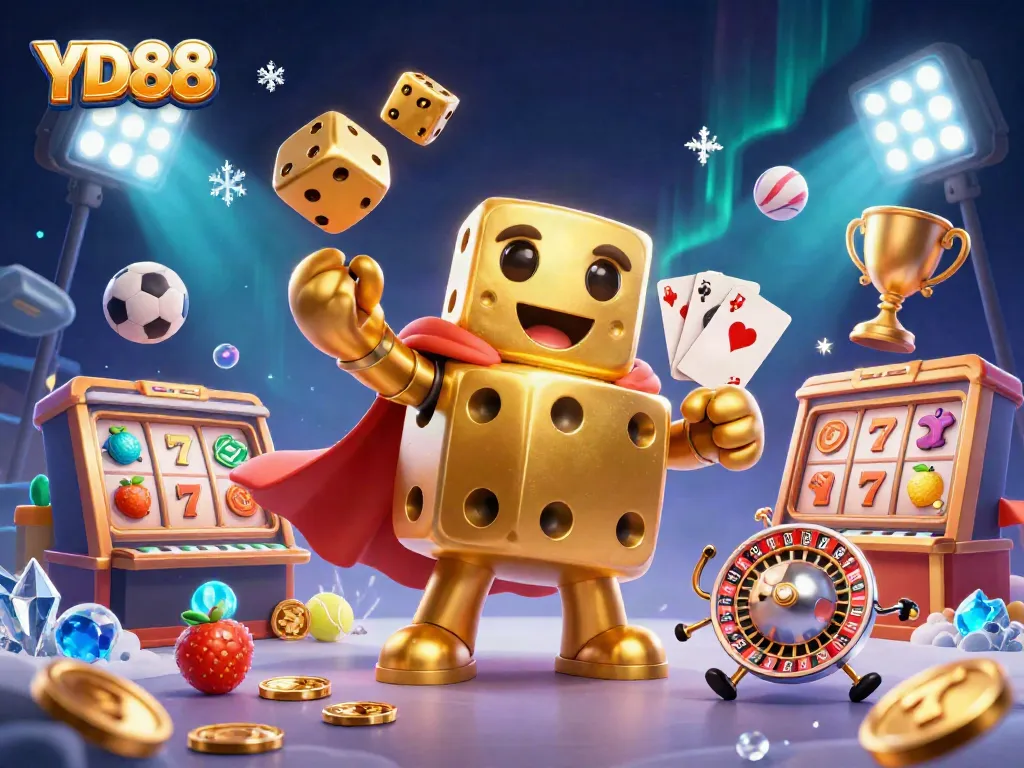 YD88 showcases a vibrant 3D casino scene with a dice golem and casino elements for engaging gameplay.