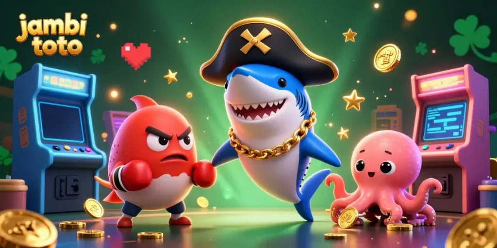 Engage in thrilling games at Jambi Toto with cartoon shark and octopus characters surrounded by colorful gaming elements.
