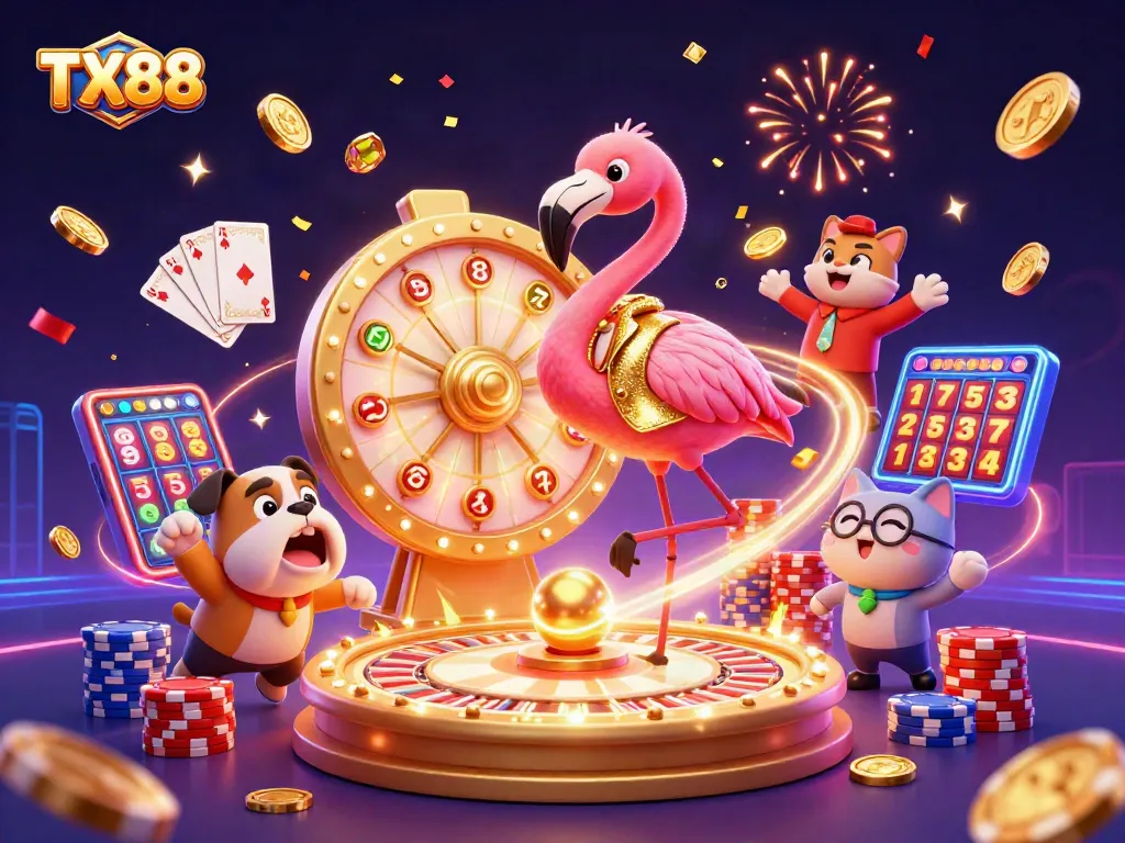 Experience winning at TX88 with an exciting prize wheel and vibrant casino atmosphere.