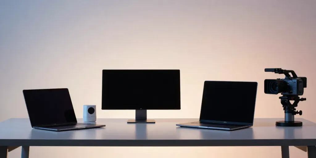 Gadgets und moderne Technologien auf einem eleganten Schreibtisch, einschließlich Smartphone und Laptop.