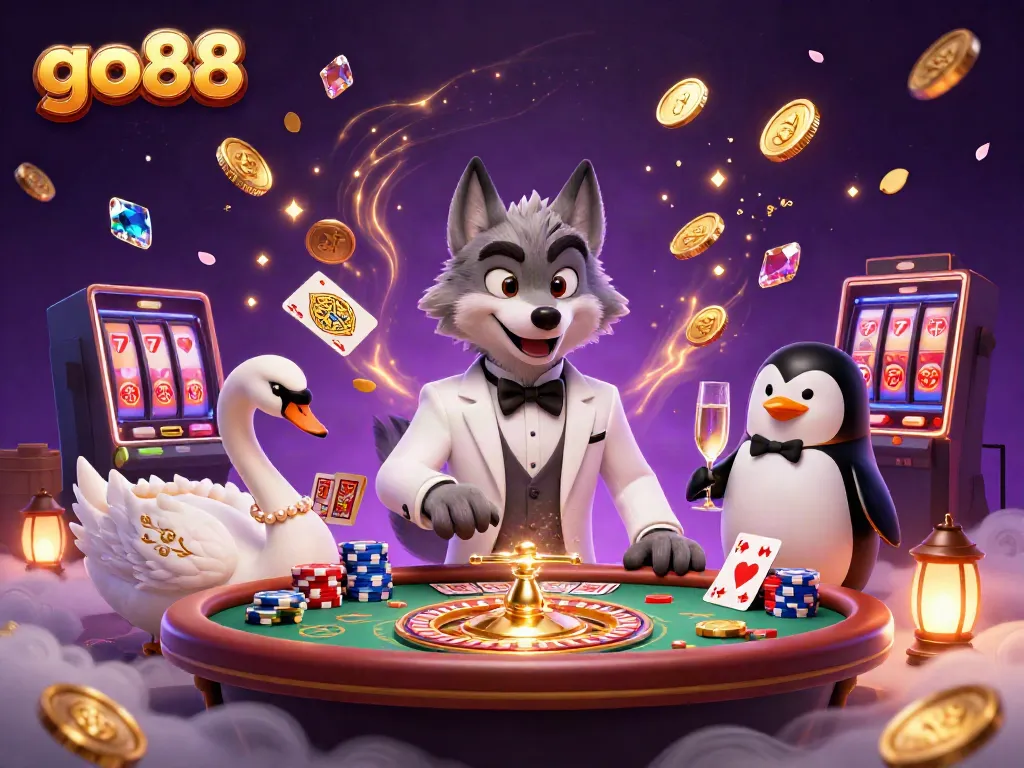 Win big at go88 with a glamorous 3D casino scene featuring a debonair wolf, elegant swan, and sophisticated penguin.