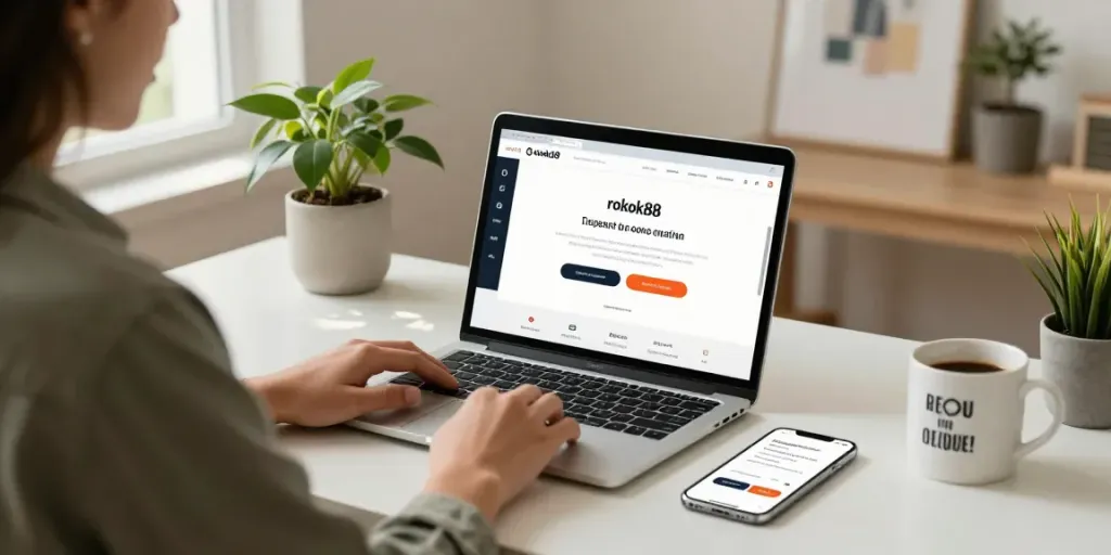 User accessing rokok88 login on a laptop in a cozy home office