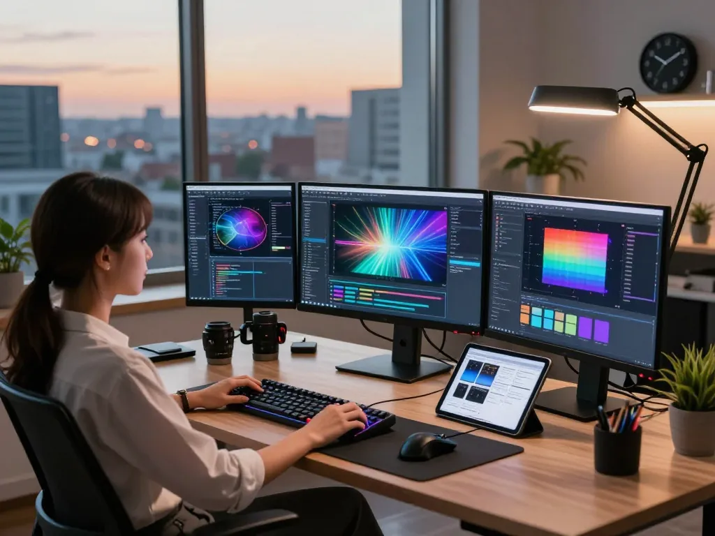 Dynamic workspace showing a developer using motion control ai to create animations with vibrant coding interfaces.
