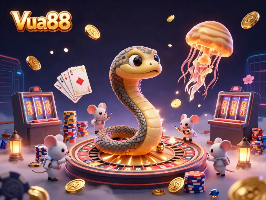 Place bets and win at Vua88 with this dynamic cosmic casino illustration featuring a Saturn ring snake and astronaut mice.