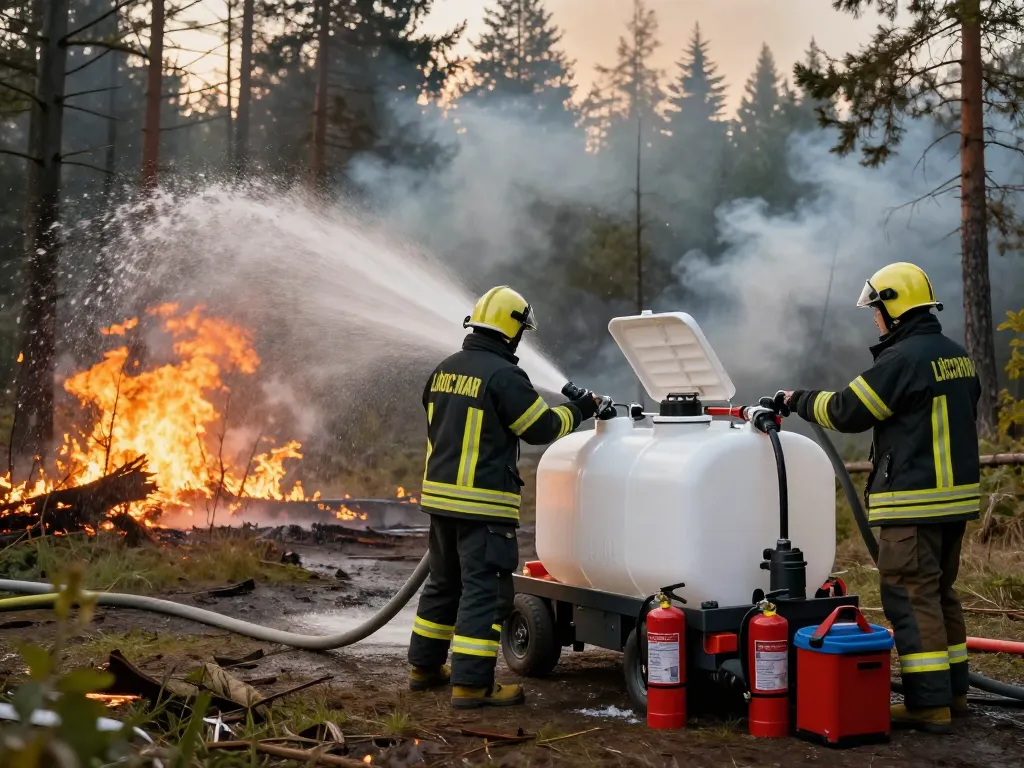 Löschwasserbehälter kaufen in Aktion, während Feuerwehrleute moderne Tanks einsetzen, um Waldbrände zu bekämpfen, und mobile Wasserspeicherlösungen präsentieren.