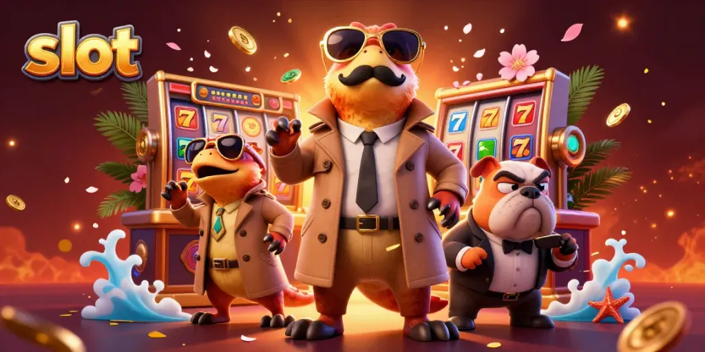 Raptors in a trench coat attempt to infiltrate a slot VIP lounge, surrounded by vibrant casino elements.
