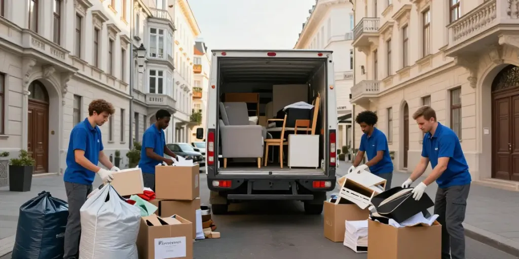 Professionelle Entrümpelungsfirma Wien bei der Arbeit, Apartmenträumung mit Team und Umzugswagen.