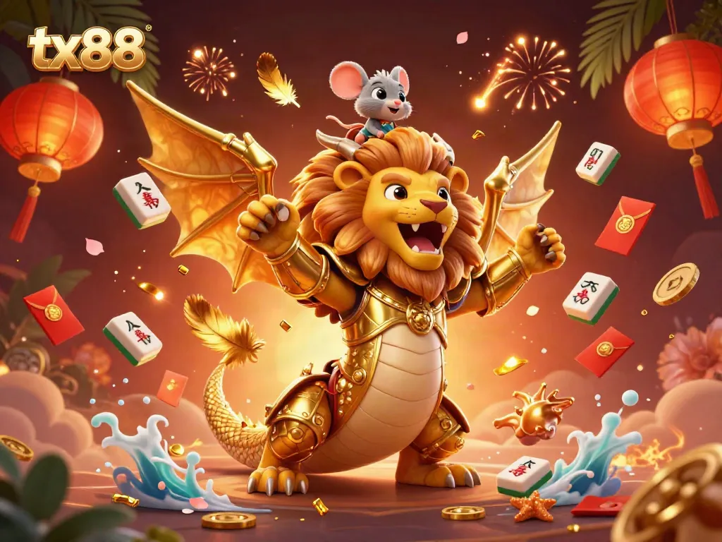 Experience excitement with tx88’s vibrant online gaming scene featuring a golden chimera and lively casino elements.
