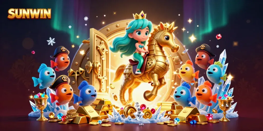 SUNWIN casino-themed illustration featuring a mermaid princess on a seahorse amidst a treasure vault, vibrant and rich with gaming elements.
