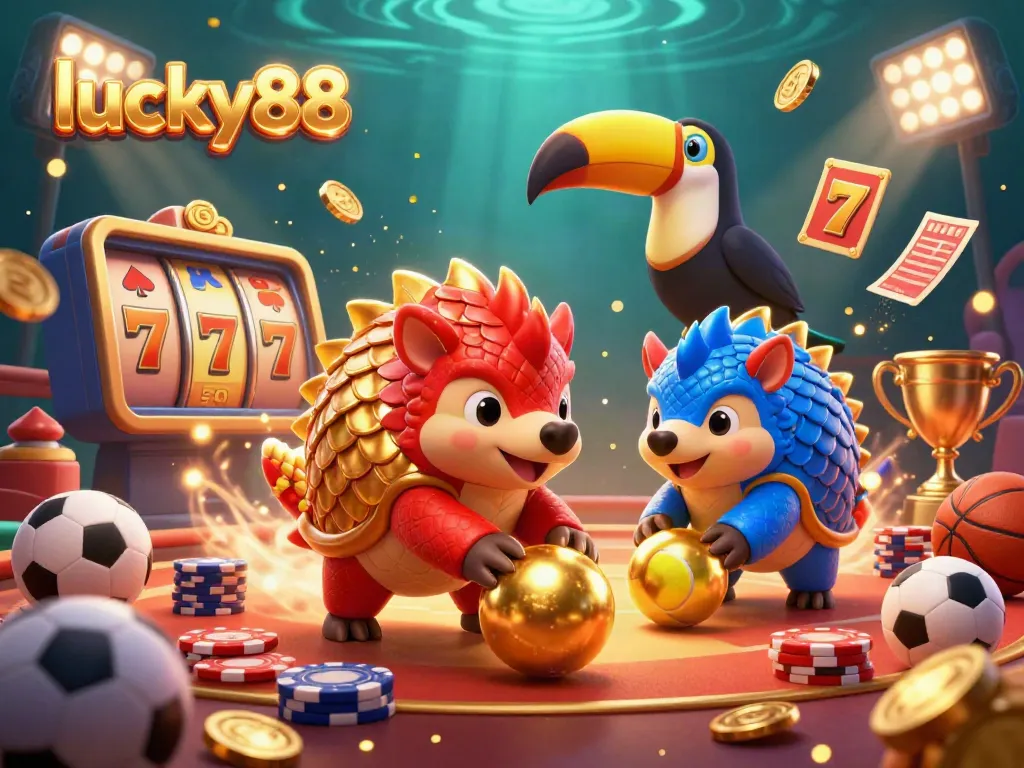 Experience thrilling gameplay at lucky88 with pangolins bowling through poker chips in an exciting casino scene.