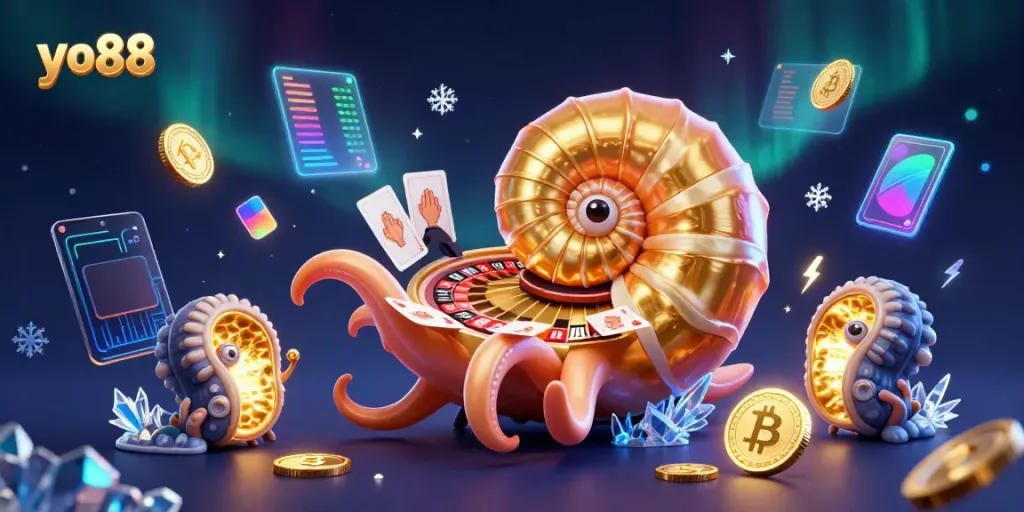 Experience vibrant gambling excitement with yo88's giant nautilus dealer showcasing cards and cryptocurrency elements.