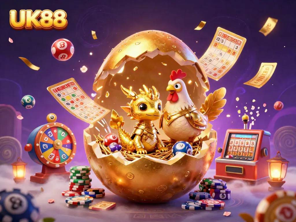 Experience the thrill of UK88 with vibrant gaming elements and a golden dragon!