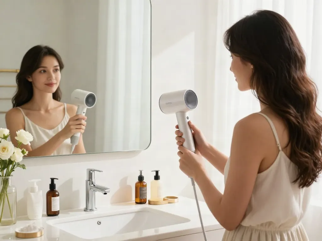 Der Laifen Air Pro Haartrockner wird von einer stilvollen Frau in einem modernen Badezimmer verwendet, um ihre Haare zu trocknen.