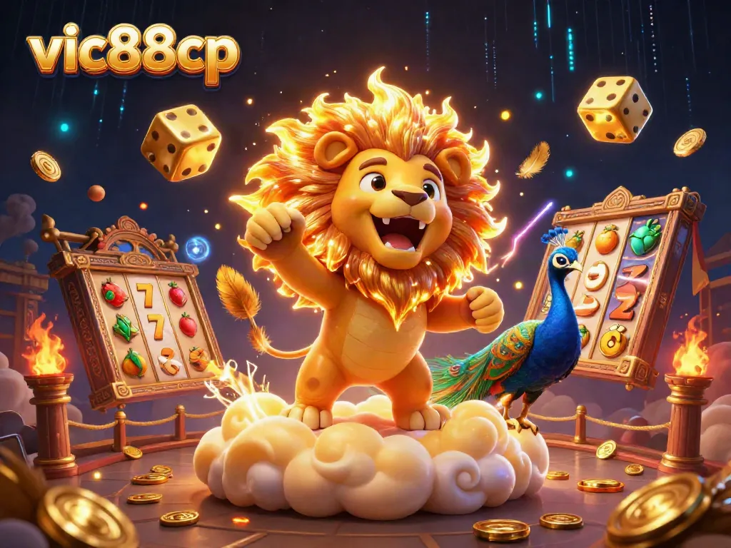 Experience vic88cp immersive winning moments with a roaring sun lion, golden dice, and dynamic slot elements.