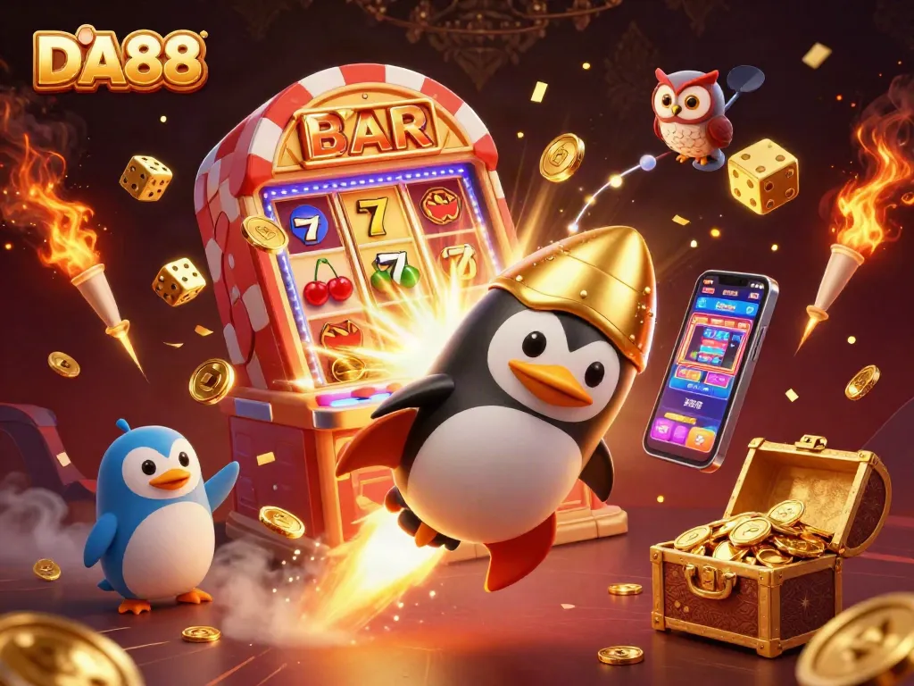 Experience the excitement at DA88 with a golden penguin and dynamic casino elements in a spectacular scene.