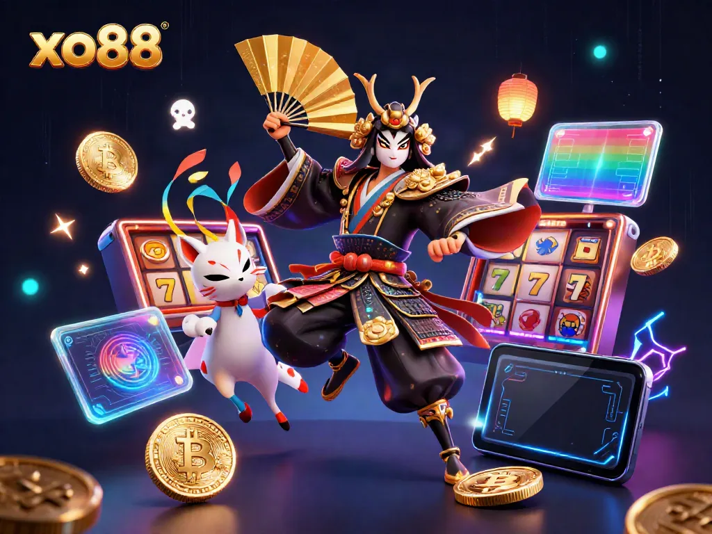 Engage in thrilling gameplay at xo88 with vibrant slot reels and a dynamic kabuki warrior scene.