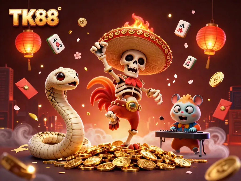 Engaging gaming scene featuring TK88 characters celebrating amidst golden coins and vibrant casino elements.