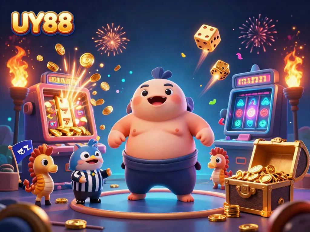 Experience UY88 excitement with a cartoon fugu, catfish referee, and slot machine jackpot scene.