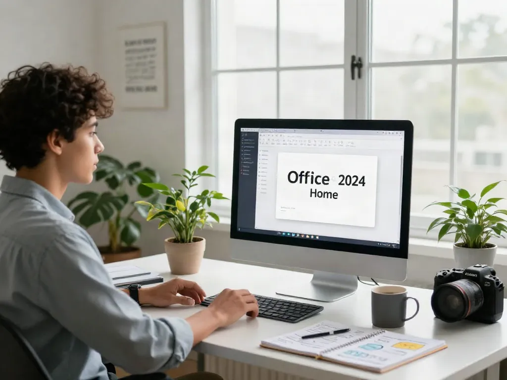 Modernes Home-Office mit Office 2024 Home und produktiv arbeitender Person.