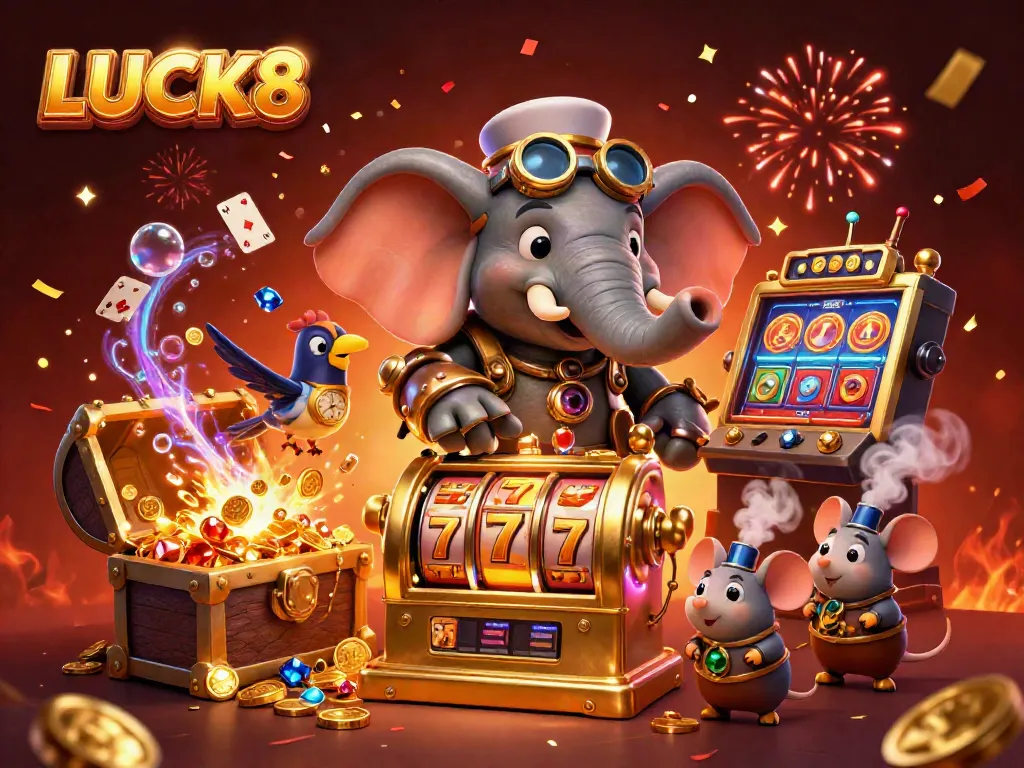 Experience LUCK8's thrilling jackpot excitement, featuring a steampunk elephant and vibrant slot elements.