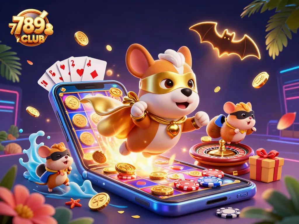 Experience thrilling gameplay with 789CLUB as the superhero dog flies with gold coins in this vibrant casino illustration.