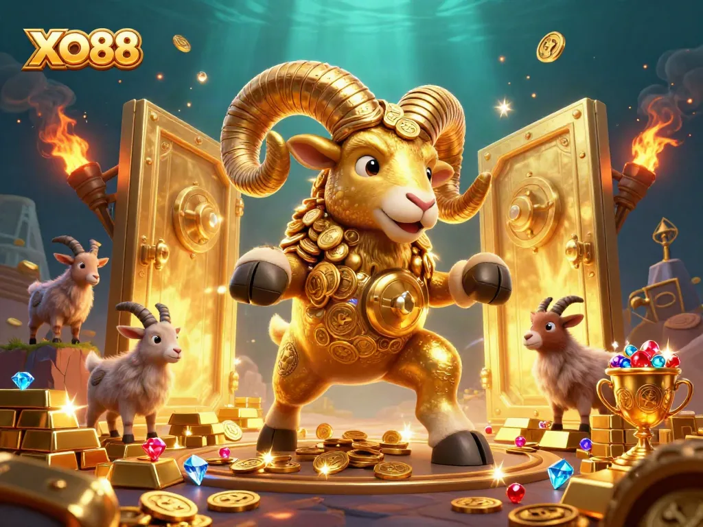 Experience thrilling wins at XO88 with a vibrant, dynamic casino illustration featuring a golden ram amidst treasure.