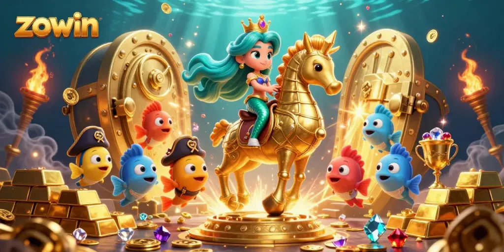 Zowin's vibrant 3D casino scene featuring a mermaid and treasure surrounded by colorful fish.