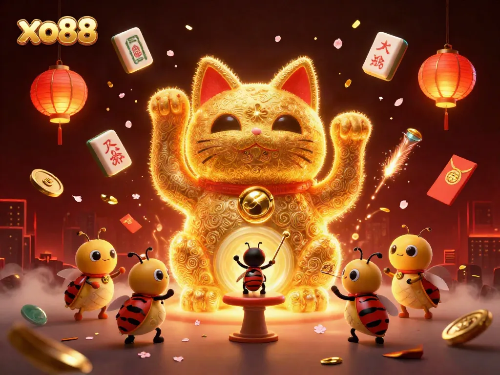 Experience xo88 thrills with a vibrant lucky cat illustration surrounded by dazzling casino elements.