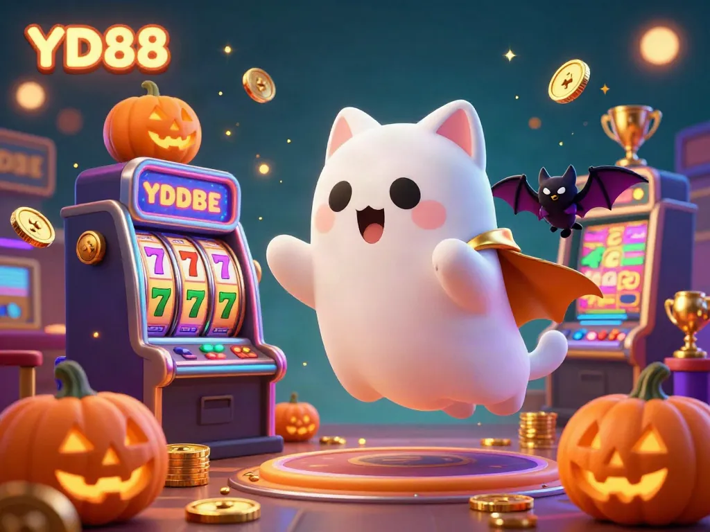 Experience YD88's exciting gaming with a lively ghost cat and vibrant casino elements.