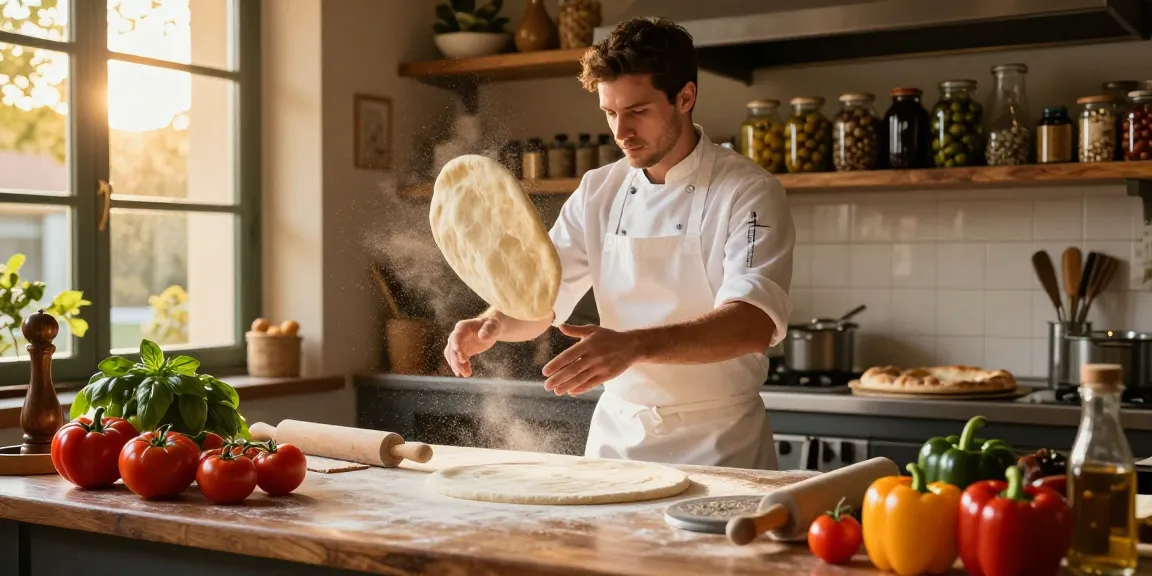 Chef skillfully preparing pg soft pizza dough in a cozy Italian kitchen with fresh ingredients.