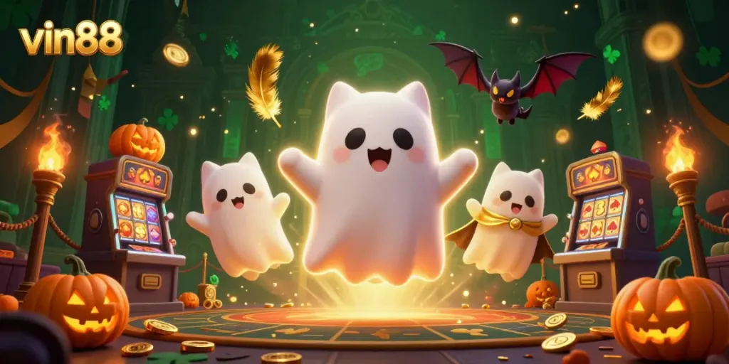 Experience thrilling gaming with vin88 featuring a ghost cat and illuminated poker pumpkins in a haunted casino.