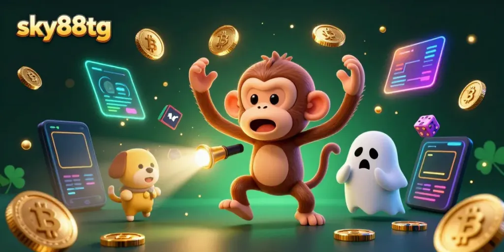 Engage in thrilling gaming as sky88tg showcases a ghostly monkey juggling gold items amidst a haunted casino.