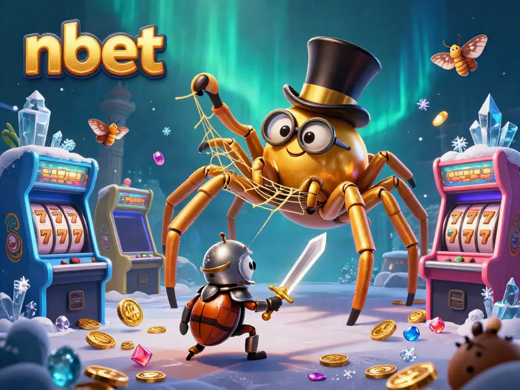 Engage with nbet's dynamic gaming experience featuring colorful arcade machines and a whimsical tarantula.