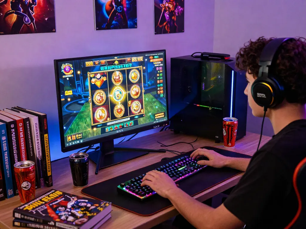 Engaging user playing situs gacor games on sleek laptop in vibrant gaming corner.