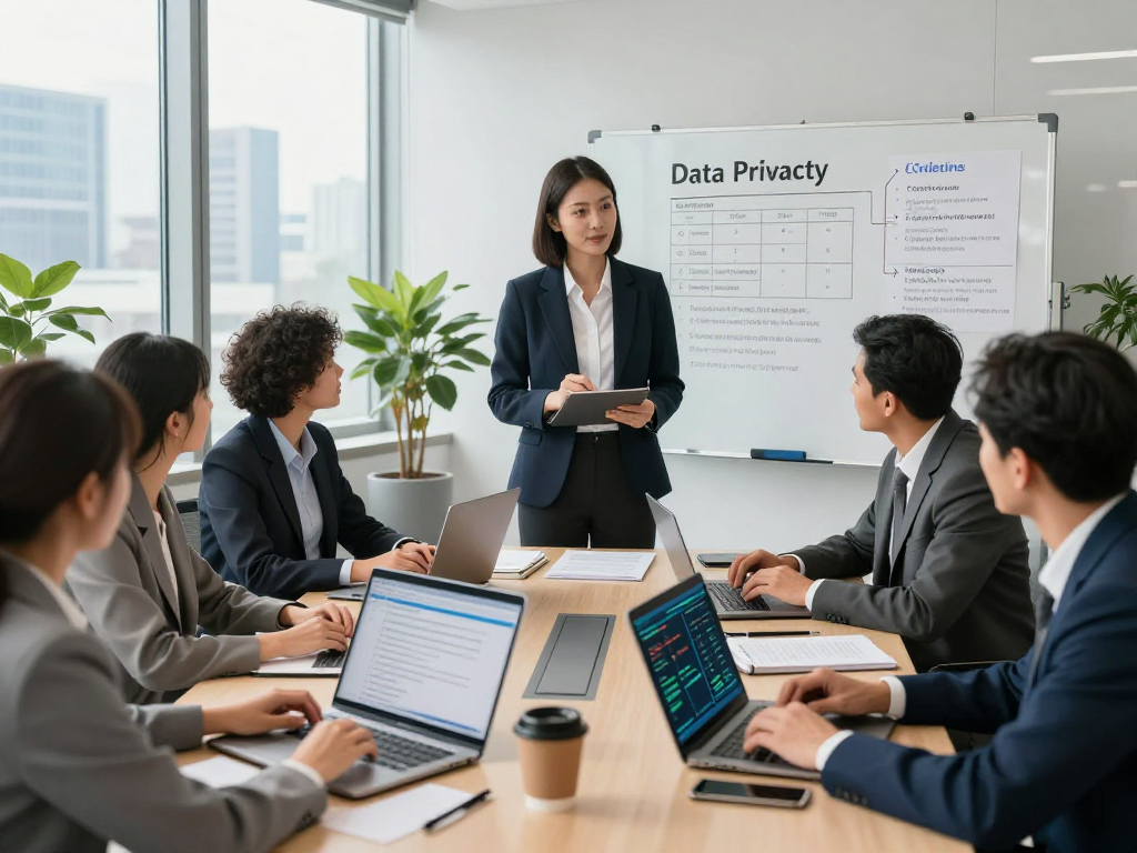 Startseite featuring a data privacy expert consulting with a team on GDPR compliance in a modern office.