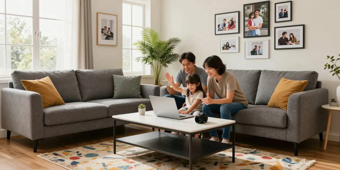 Familie genießt wohnmöbel online kaufen in einem stilvollen Wohnzimmer, wählt Möbel am Laptop, helle und einladende Atmosphäre.