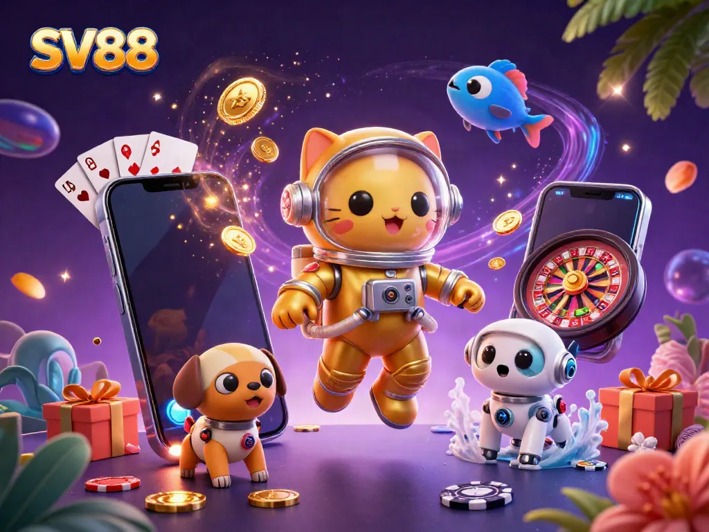 Experience exciting gameplay with SV88's dynamic slot and casino games showcased in a vibrant 3D scene.