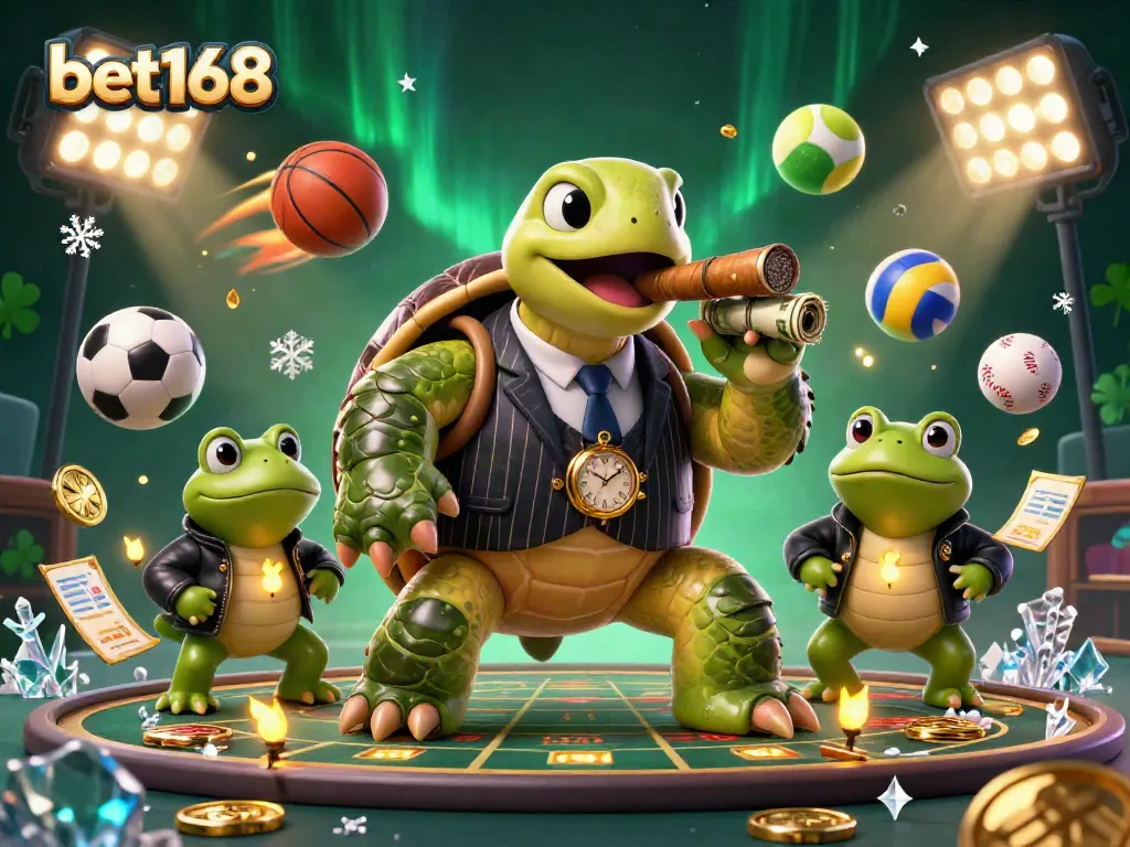 Experience dynamic betting action with bet168 featuring a cartoon turtle in a suit and bullfrog enforcers in a vibrant casino setting.