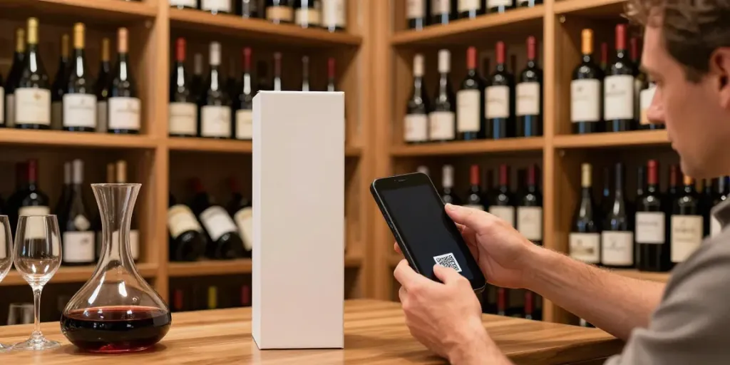 Weinsammlung verwalten in einem eleganten Weinkeller mit verschiedenen Flaschen und Scanner-App.