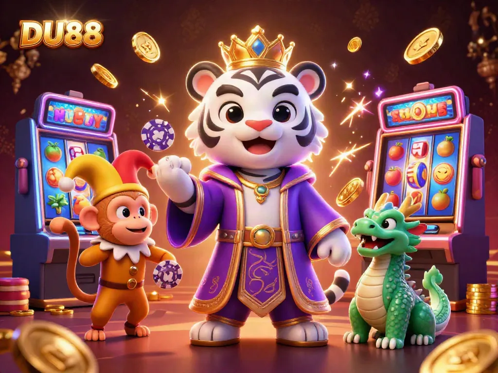 Experience the excitement of DU88 as a lively golden monkey juggles poker chips in a vibrant casino.