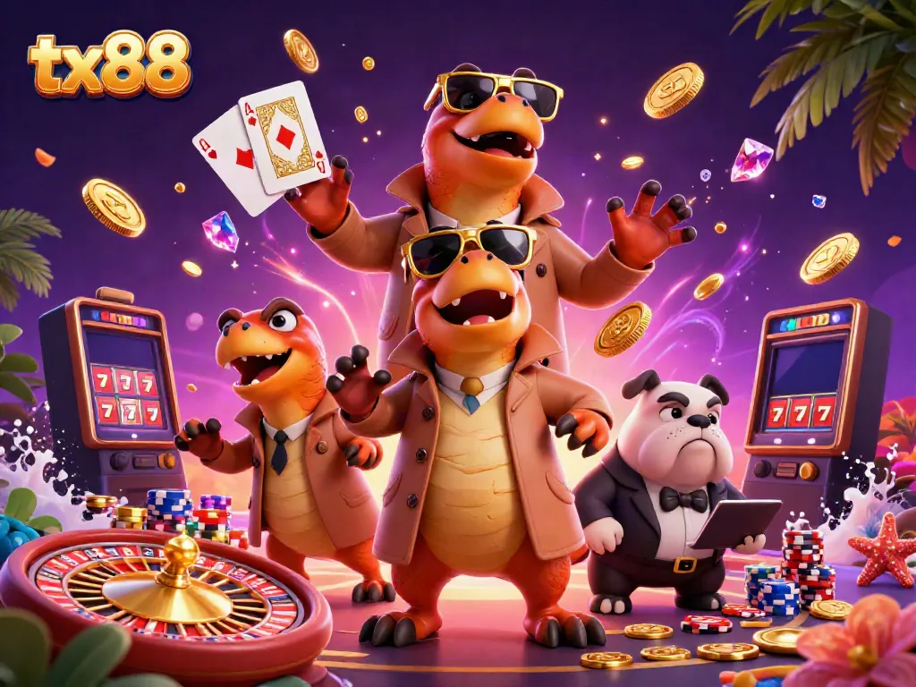 Win big at tx88 with playful raptors sneaking into a VIP casino, amidst golden coins and vibrant gameplay elements.
