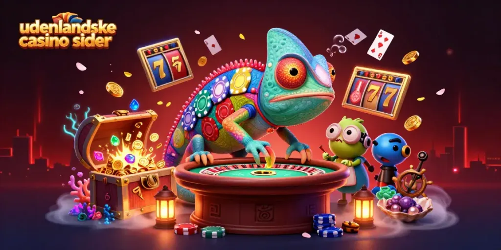 Engaging representation of udenlandske casino sider featuring a chameleon casino owner and vibrant game elements