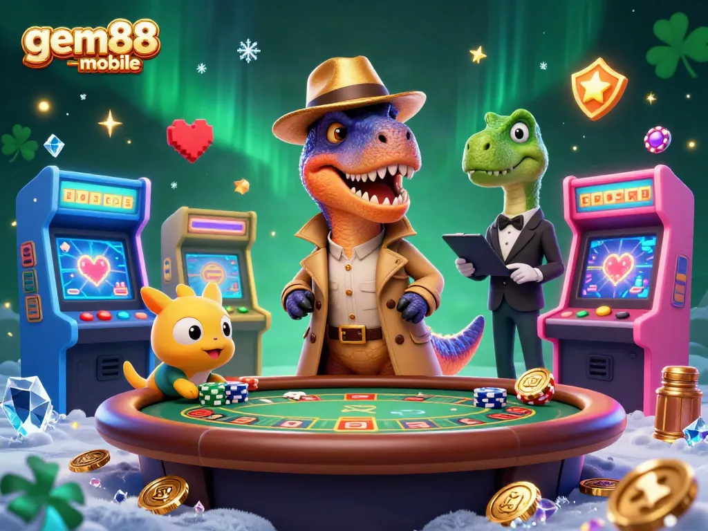 Experience gem88-mobile excitement with a velociraptor card counter and stegosaurus pit boss in a vibrant casino scene.