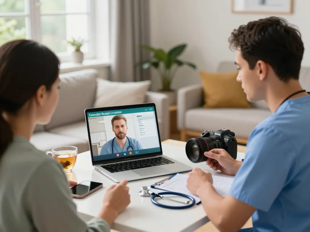 Ansprechende Telemedizinberatung für Cannabis Rezept Online mit Patient und Gesundheitsdienstleister.