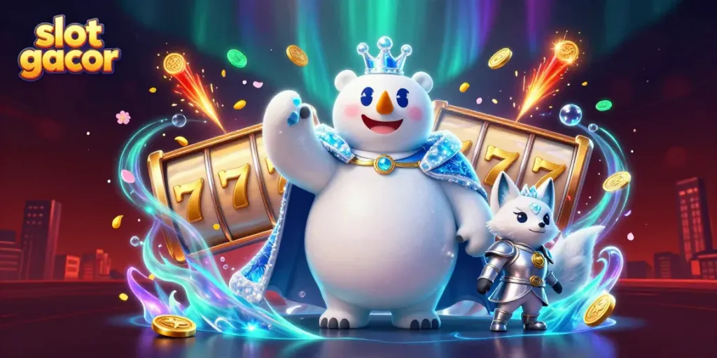 Experience thrilling slot gacor action with a royal ice king polar bear and a snowy companion amidst exploding jackpot symbols.