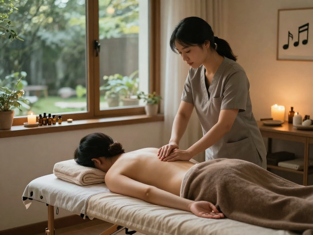 출장마사지 service in a tranquil home setting with a therapist providing professional care and essential spa items.