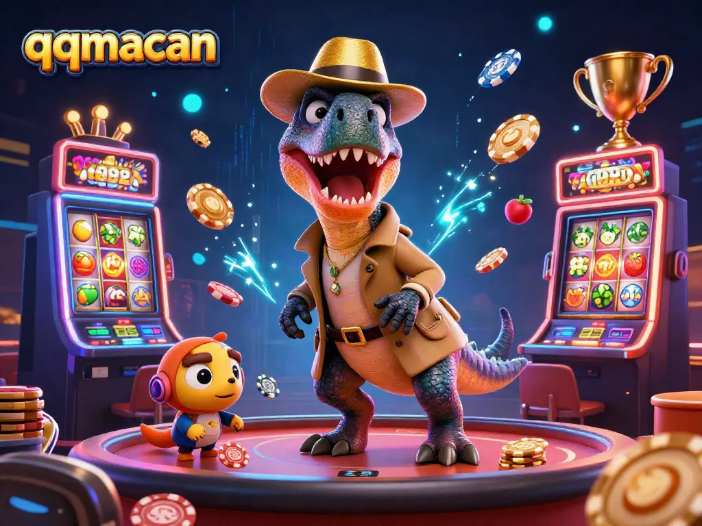 Experience thrilling payouts with qqmacan at a dynamic slot machine table featuring vibrant characters and elements.