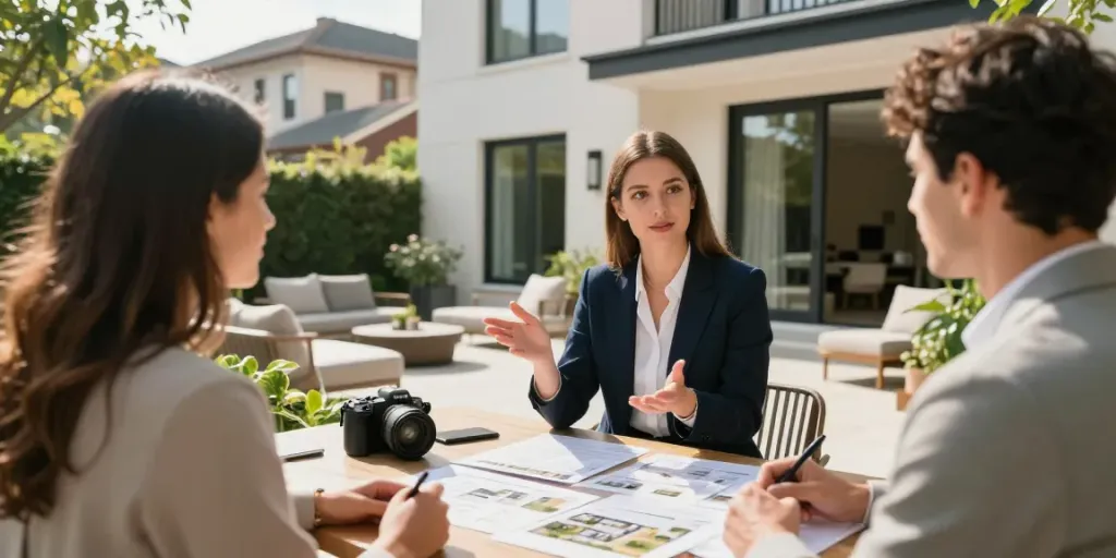 Bester Immobilienmakler Frankfurt präsentiert modernes Zuhause mit potenziellen Käufern.