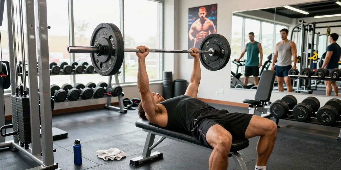 Anabolika Shop - Bodybuilder beim Bankdrücken im modernen Fitnessstudio, umgeben von Trainingsgeräten und einer motivierenden Atmosphäre.